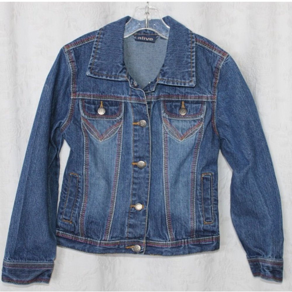 Girls Denim Cotton Blue Jean Jacket Size Small ALIVE Western Boho Top Stitching